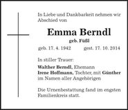 Traueranzeige Emma Berndl