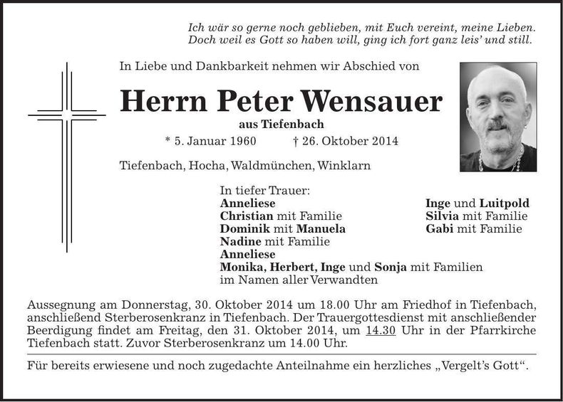 Traueranzeige Peter Wensauer