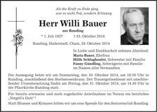 Traueranzeige Willi Bauer