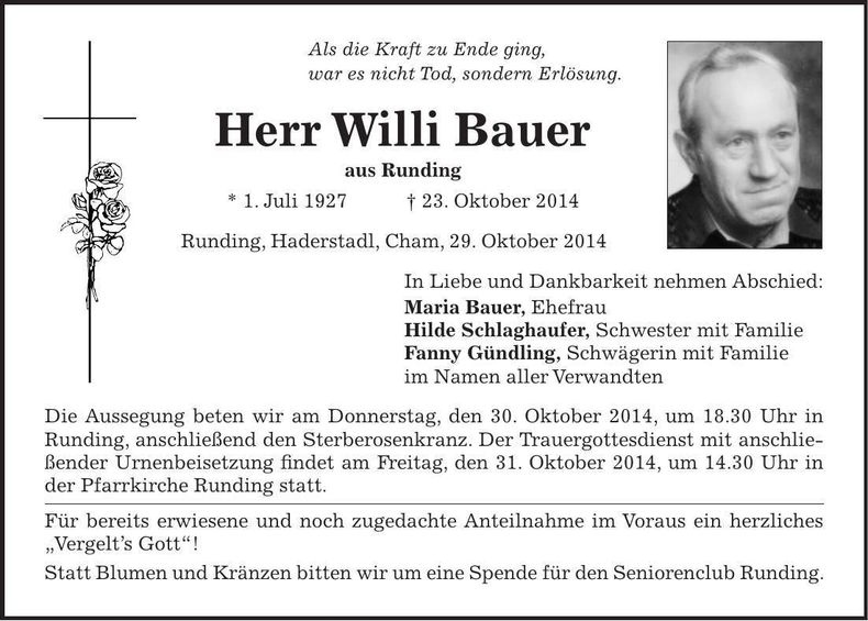Traueranzeige Willi Bauer