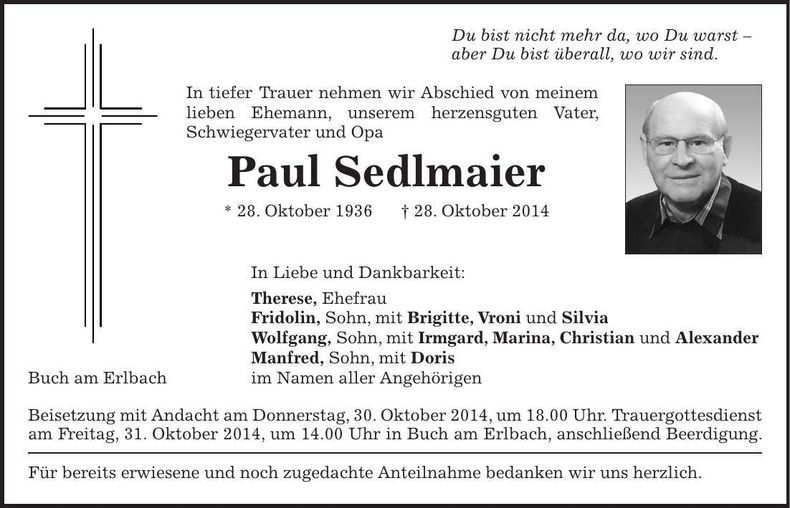 Traueranzeige Paul Sedlmaier