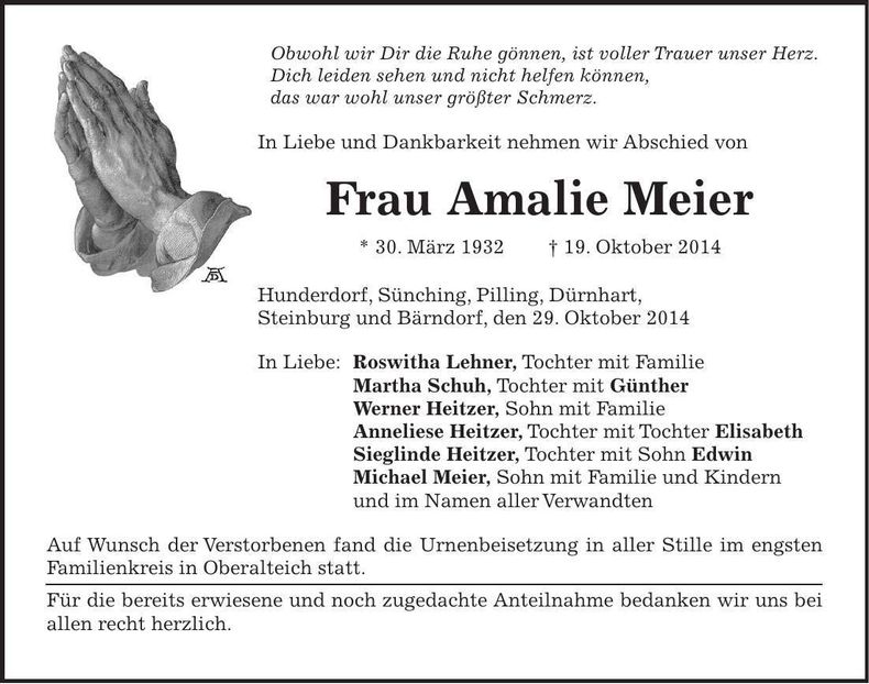 Traueranzeige Amalie Meier