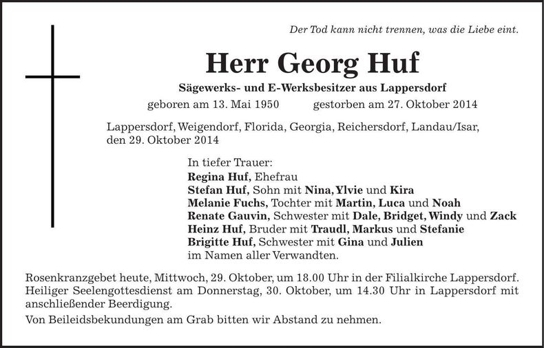 Traueranzeige Georg Huf