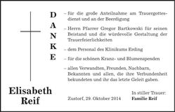 Traueranzeige Elisabeth Reif