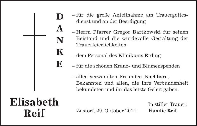 Traueranzeige Elisabeth Reif
