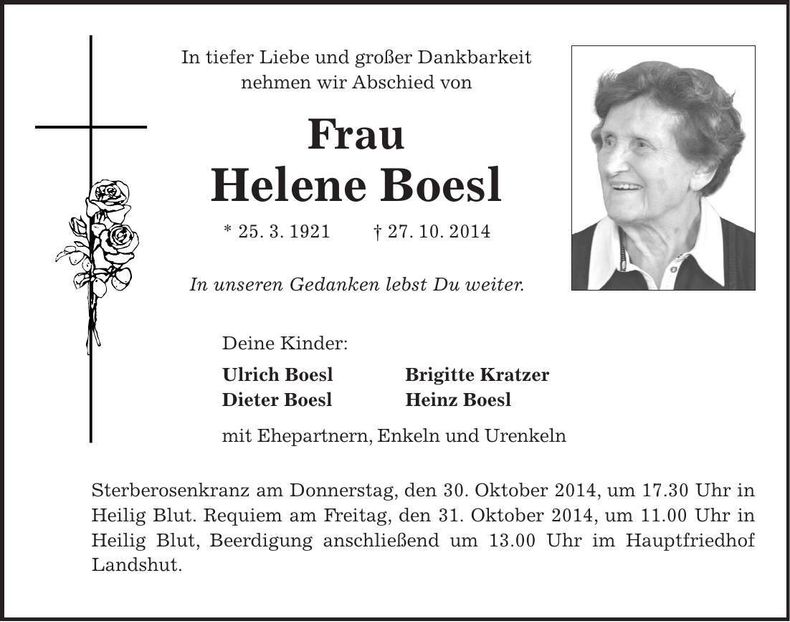 Traueranzeige Helene Boesl