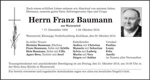 Traueranzeige Franz Baumann