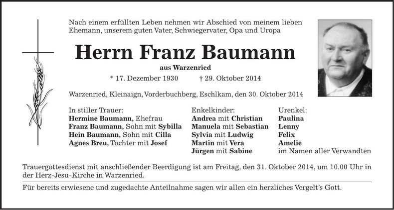 Traueranzeige Franz Baumann