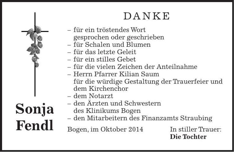 Traueranzeige Sonja Fendl