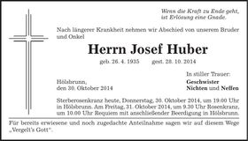 Traueranzeige Josef Huber