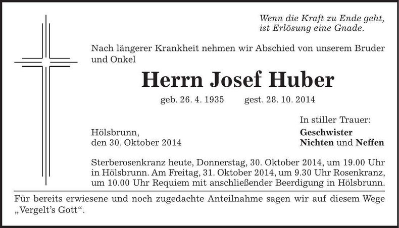 Traueranzeige Josef Huber