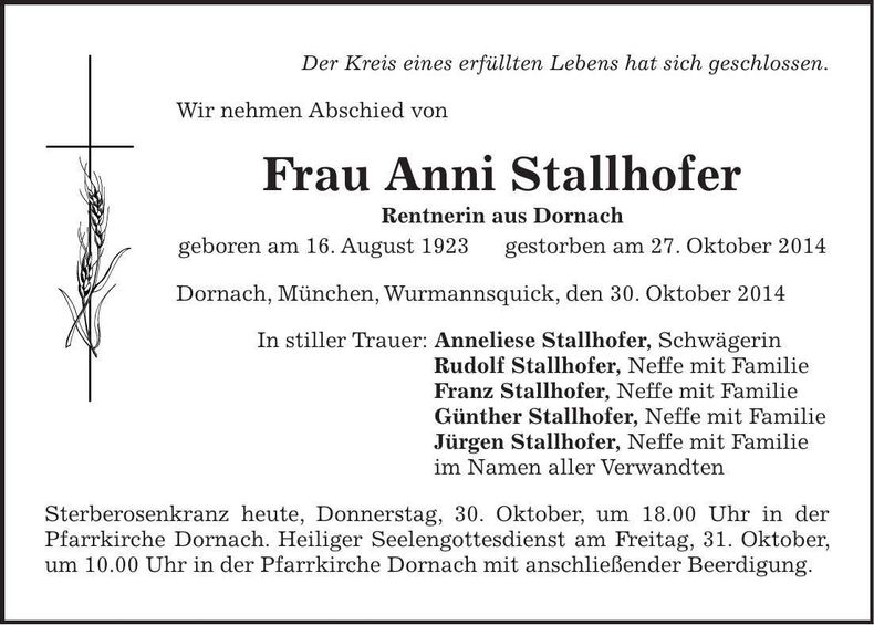 Traueranzeige Anni Stallhofer