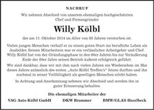 Traueranzeige Willy Kölbl