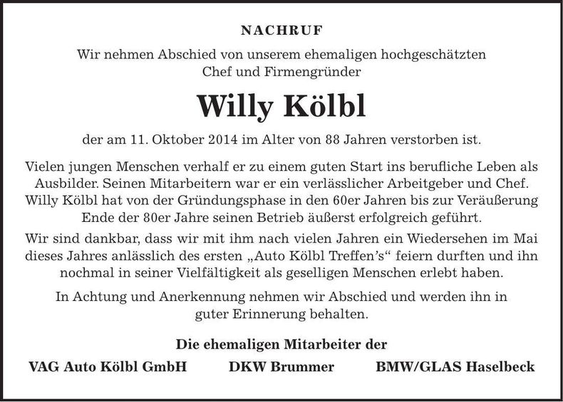Traueranzeige Willy Kölbl