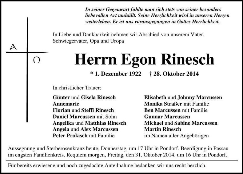 Traueranzeige Egon Rinesch