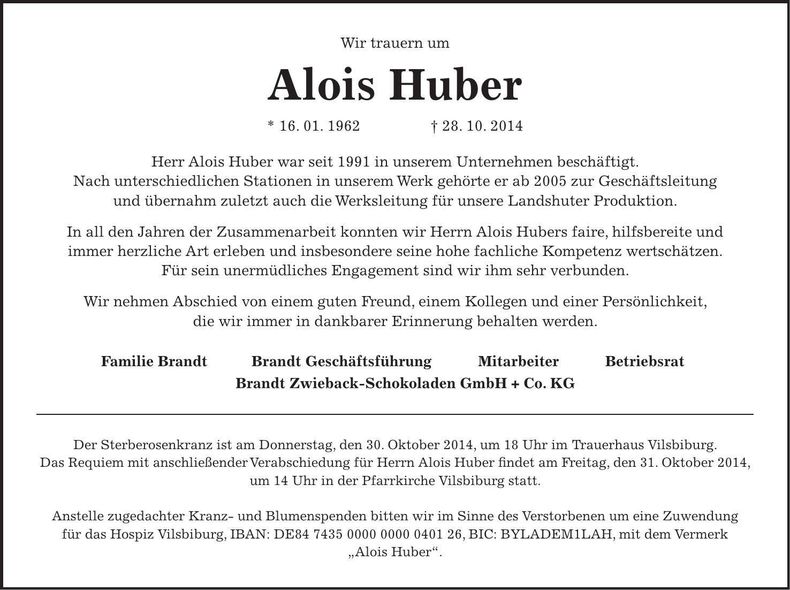 Traueranzeige Alois Huber