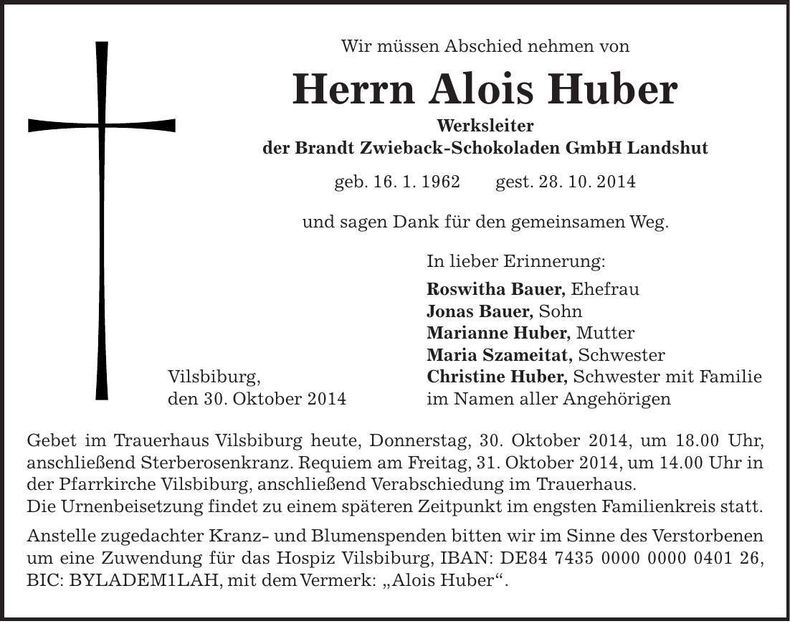 Traueranzeige Alois Huber