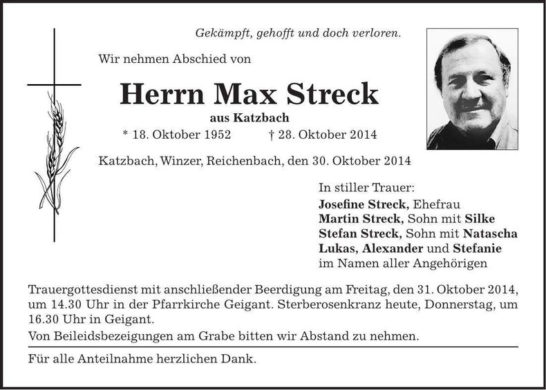 Traueranzeige Max Streck