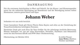 Traueranzeige Johann Weber