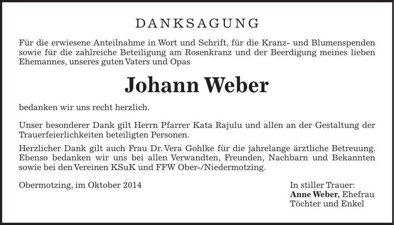Traueranzeige Johann Weber
