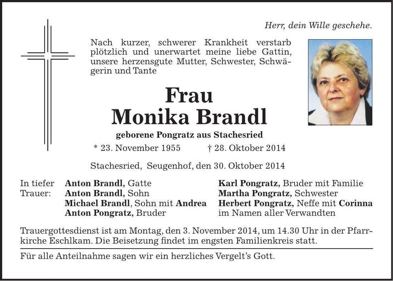 Traueranzeige Monika Brandl