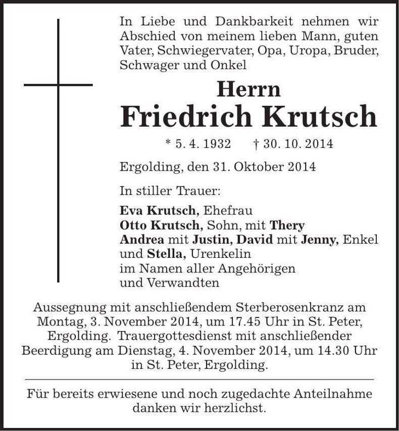 Traueranzeige Friedrich Krutsch