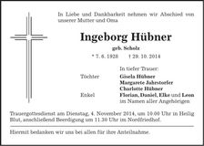 Traueranzeige Ingeborg Hübner