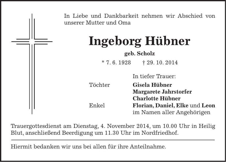 Traueranzeige Ingeborg Hübner