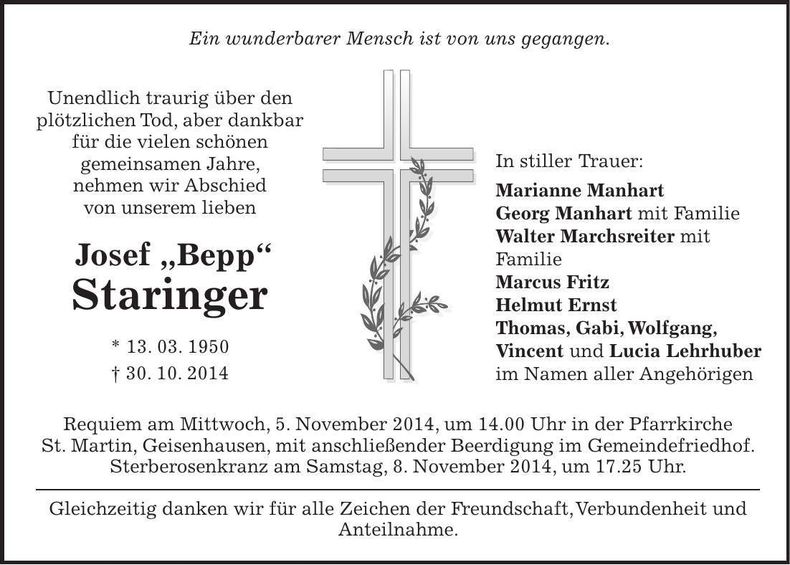 Traueranzeige Josef Staringer