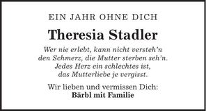 Traueranzeige Theresia Stadler