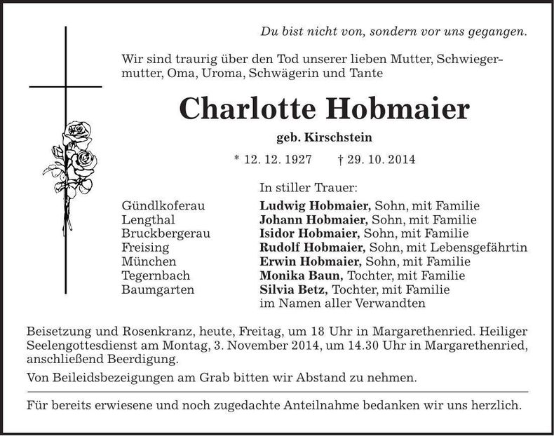 Traueranzeige Charlotte Hobmaier