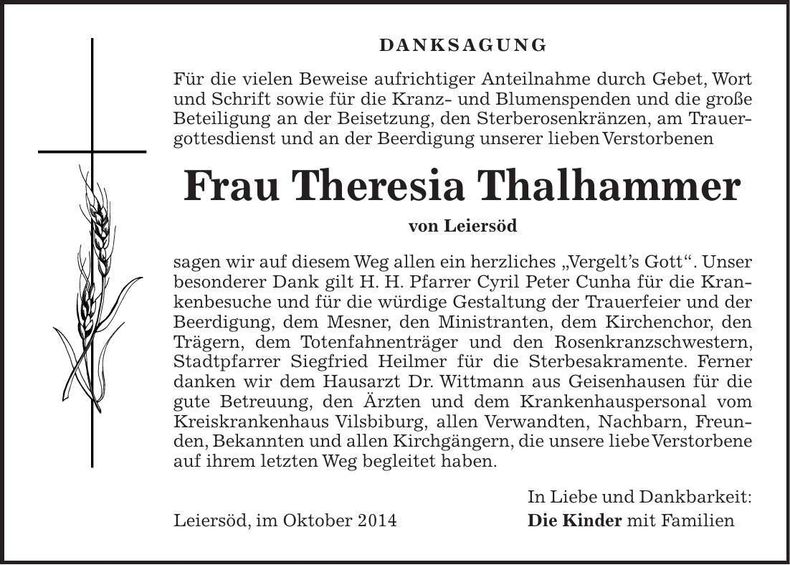 Traueranzeige Theresia Thalhammer