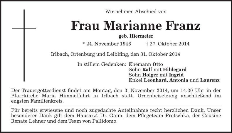Traueranzeige Marianne Franz