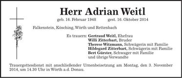 Traueranzeige Adrian Weitl
