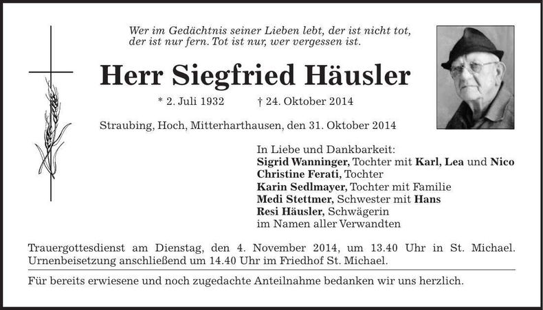 Traueranzeige Siegfried Häusler