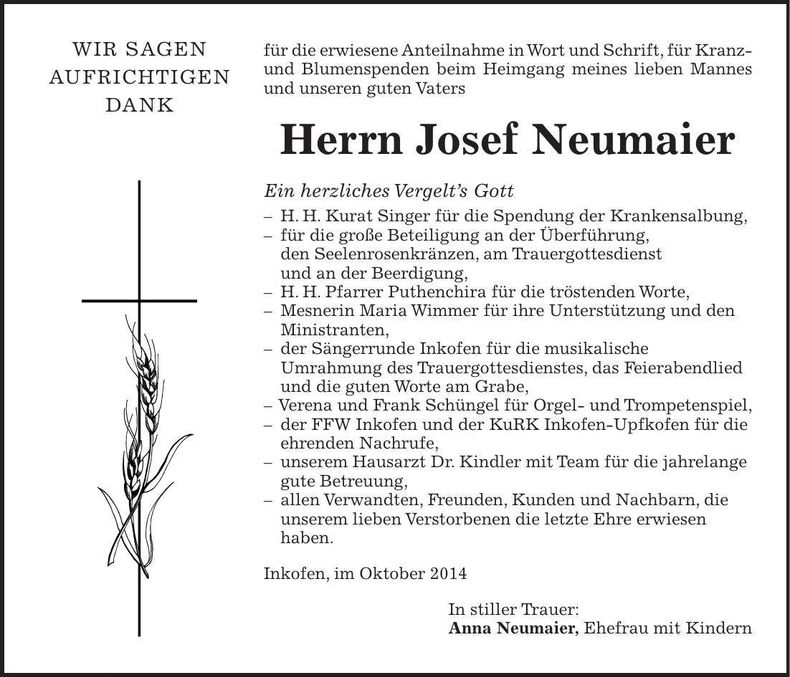 Traueranzeige Josef Neumaier