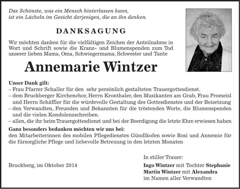 Traueranzeige Annemariie Wintzer