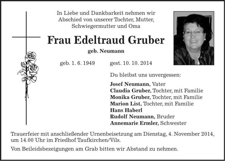 Traueranzeige Edeltraud Gruber