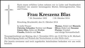 Traueranzeige Kreszenz Blas