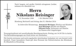 Traueranzeige Nikolaus Reisinger