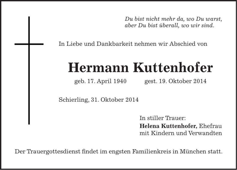 Traueranzeige Hermann Kuttenhofer