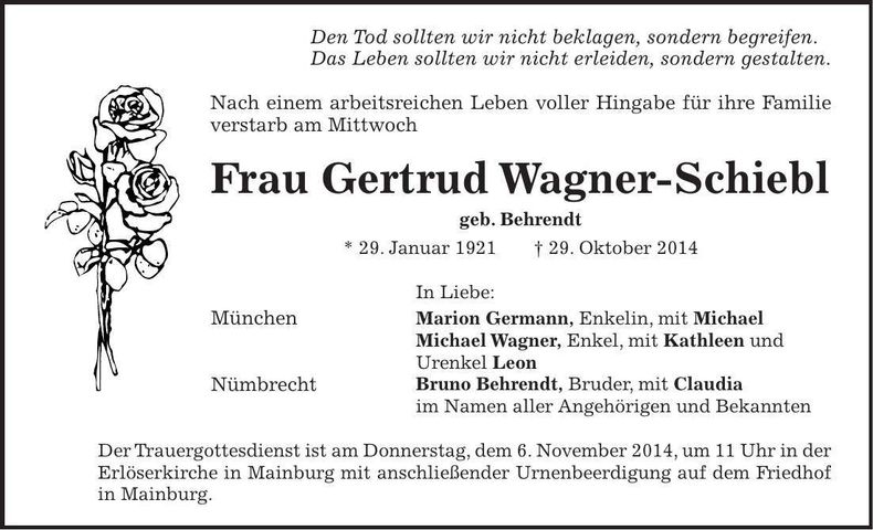 Traueranzeige Gertrud Wagner-Schiebl