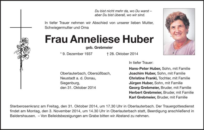 Traueranzeige Anneliese Huber
