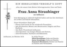 Traueranzeige Anna Straubinger
