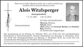 Traueranzeige Alois Witzlsperger
