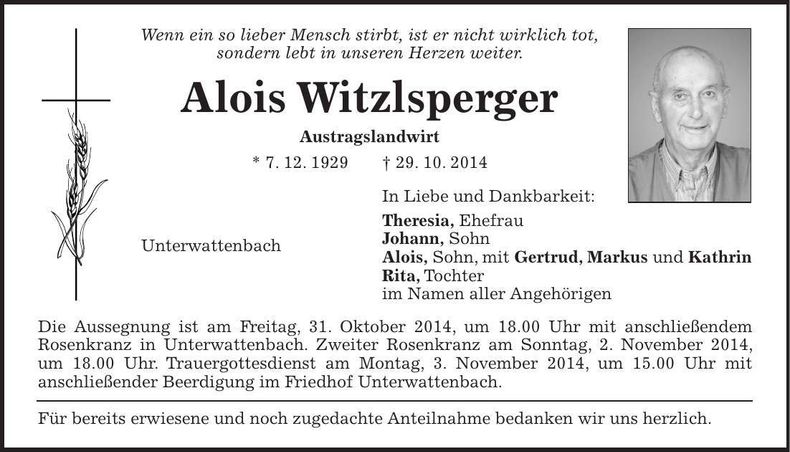 Traueranzeige Alois Witzlsperger