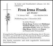 Traueranzeige Irma Frank