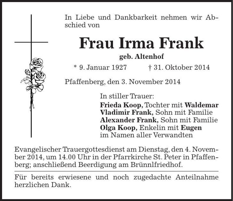 Traueranzeige Irma Frank