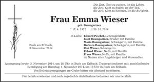 Traueranzeige Emma Wieser