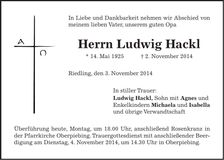 Traueranzeige Ludwig Hackl